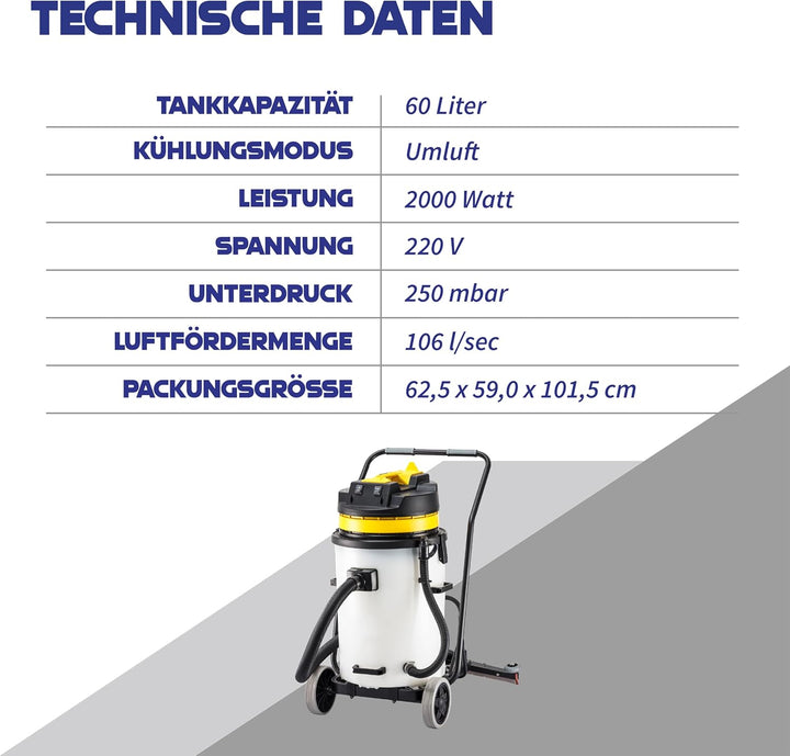 Nass und Trockensauger HL 60SB – Industriesauger, leistungsstarkes Saugsystem mit 2x1000W Motoren, 6