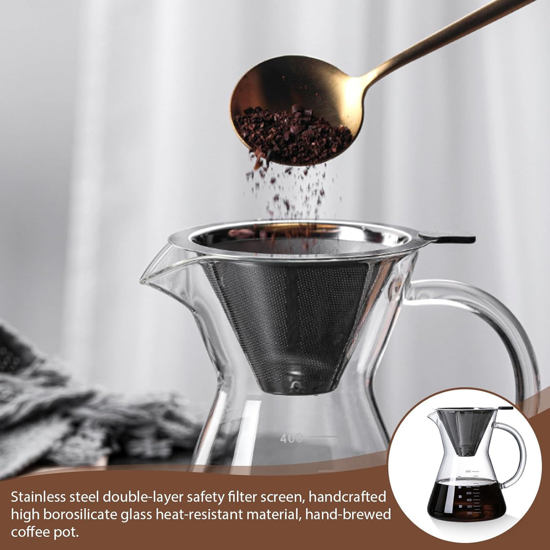 Pour Over Kaffeebereiter, 800 ml Borosilikat Glaskanne mit doppelschichtigem Edelstahlfilter, Kaffee
