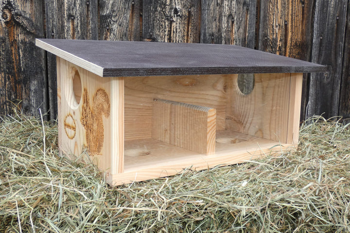 XXXL Eichhörnchen Futterhaus aus hochwertigem Lärchenholz, deutsches Qualitätsprodukt, von Hand gefe