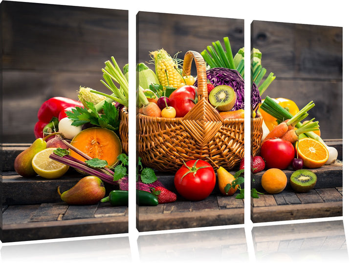 Pixxprint Frisches Obst und Gemüse im Korb als Leinwandbild 3 teilig/Grösse: 3 Teilig (120x80) / Wan