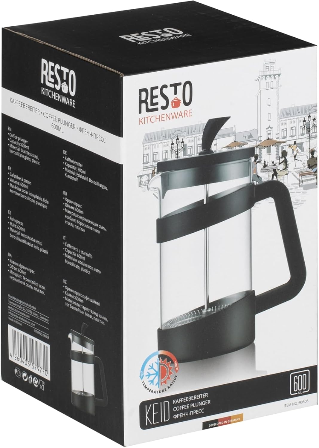 RESTO 90509 French Press - der stilvolle, elegante Tee - und Kaffeebereiter aus hitzebeständigem Bor