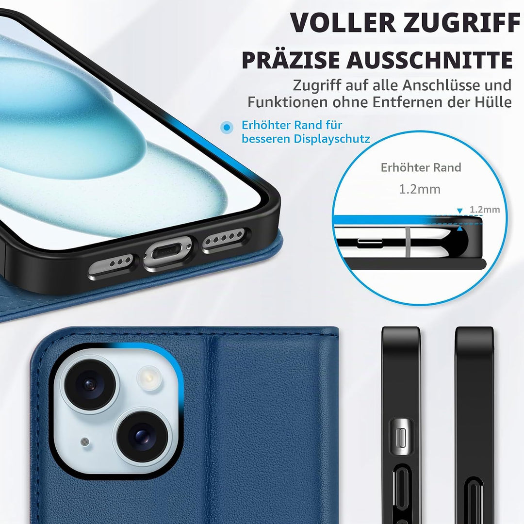 SHIELDON Hülle für iPhone 15, Schutzhülle [Rindsleder] [Stossfest] [Standfunktion] [Kartenfach] TPU