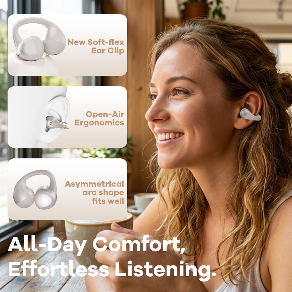 Open Ear Kopfhörer, Bluetooth Earbuds, Clip on Design mit 4 Noise Cancelling Mikrofone, 40h Std, Blu