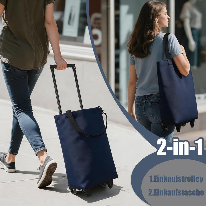 2-in-1 Einkaufstrolley Klappbar, 30L Faltbarer Einkaufstrolley, wasserdichte Einkaufstasche mit Roll