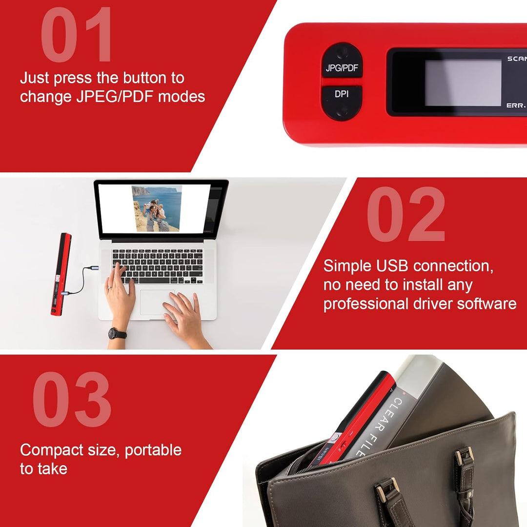 AOZBZ Tragbarer Dokumentenscanner Rot 900 DPI Handlicher USB-Bildscanner A4 Farbfoto Mobiler Scanner