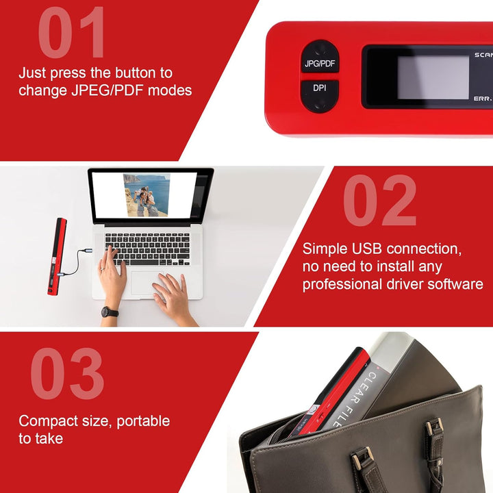 AOZBZ Tragbarer Dokumentenscanner Rot 900 DPI Handlicher USB-Bildscanner A4 Farbfoto Mobiler Scanner