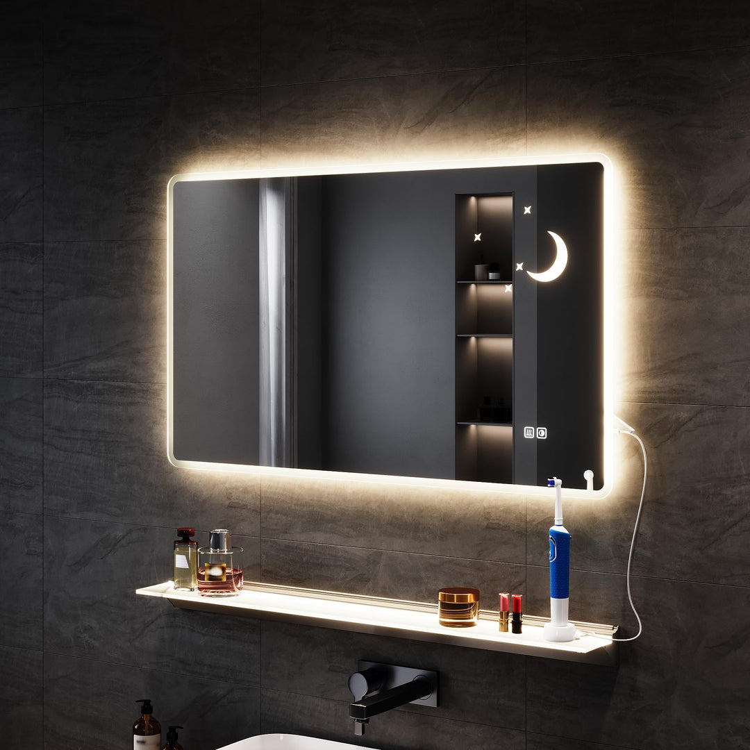 SONNI LED Badspiegel mit Stern-Mond-Dekoration 100x60 cm, Touch Badezimmerspiegel mit Steckdose, 3 L