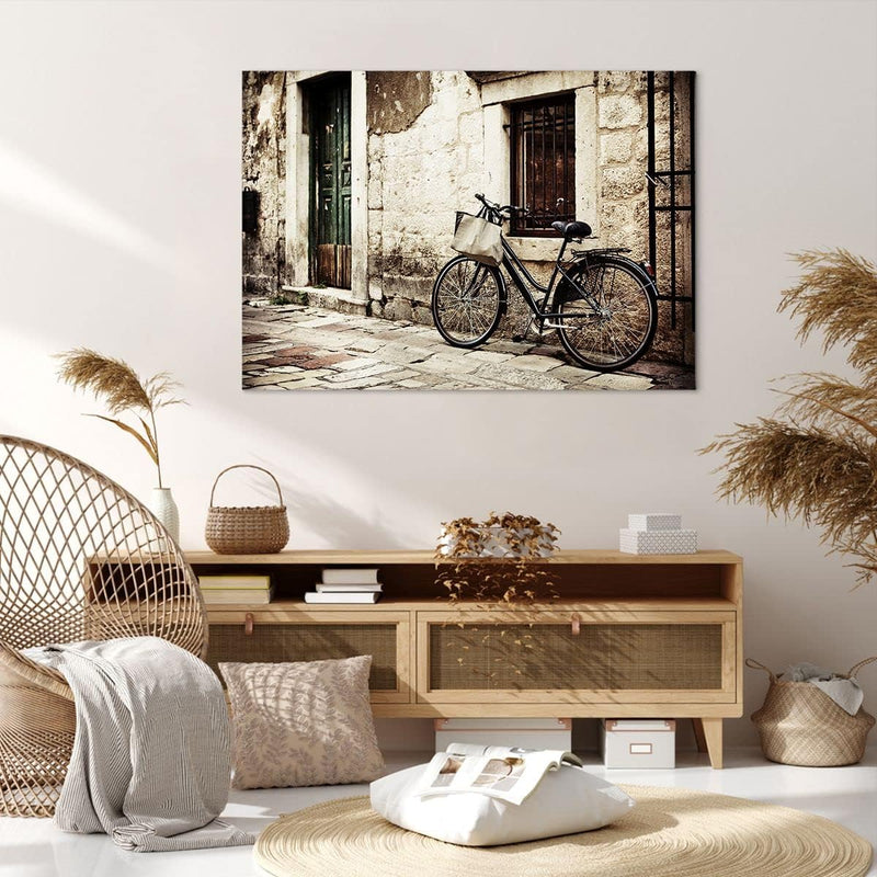 Bilder auf Leinwand 100x70cm Leinwandbild Strasse Fahrrad Stadt Ruinen Gross Wanddeko Bild Schlafzim