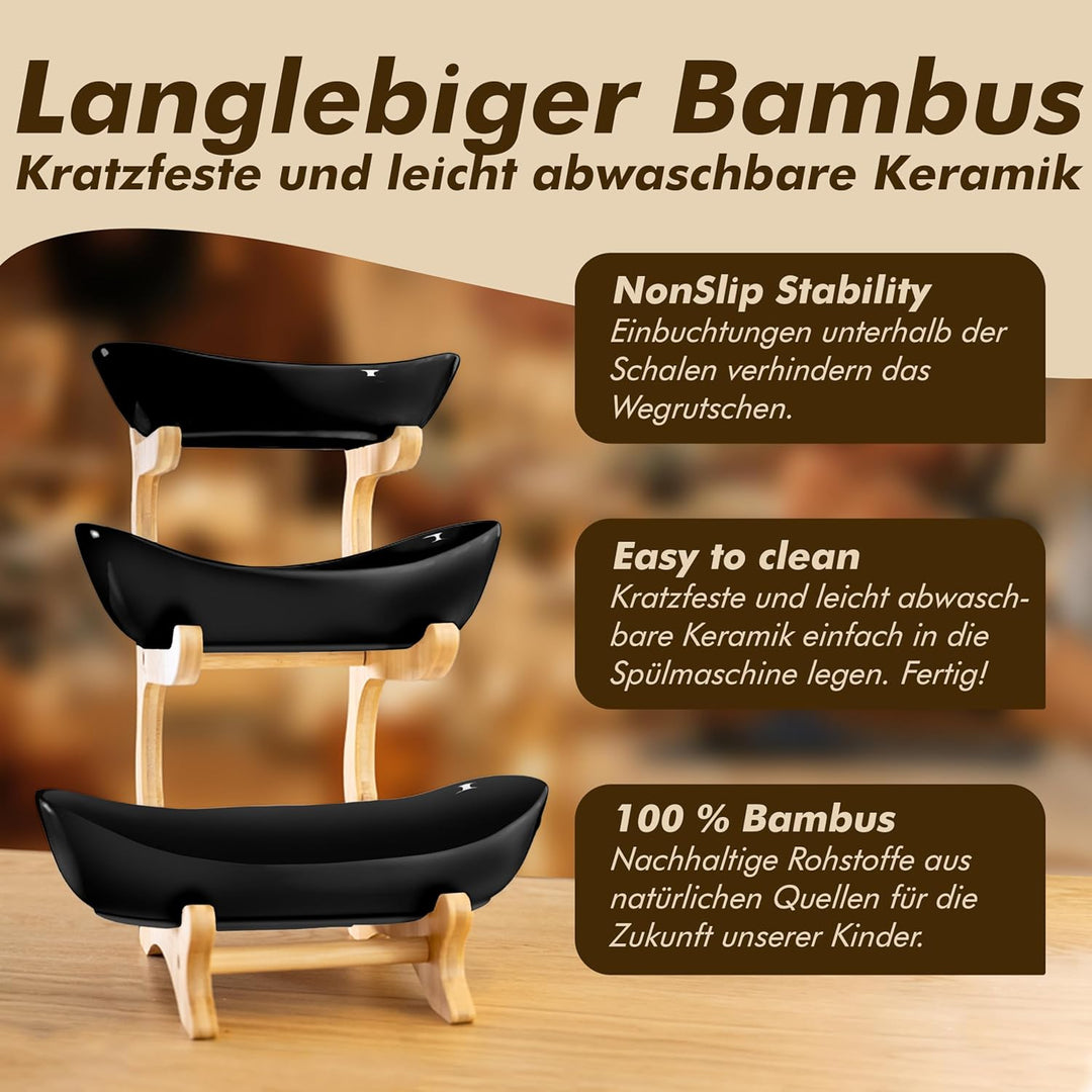 Obst Etagere 3 stöckig SCHWARZ Keramik mit Bambusständer, Servierständer für Obst Snacks Gebäck, ele