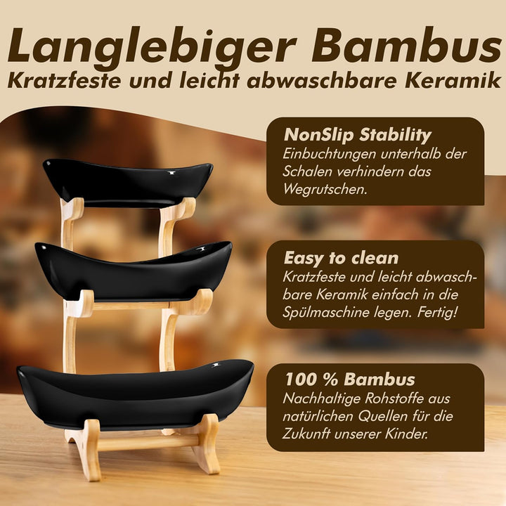 Obst Etagere 3 stöckig SCHWARZ Keramik mit Bambusständer, Servierständer für Obst Snacks Gebäck, ele