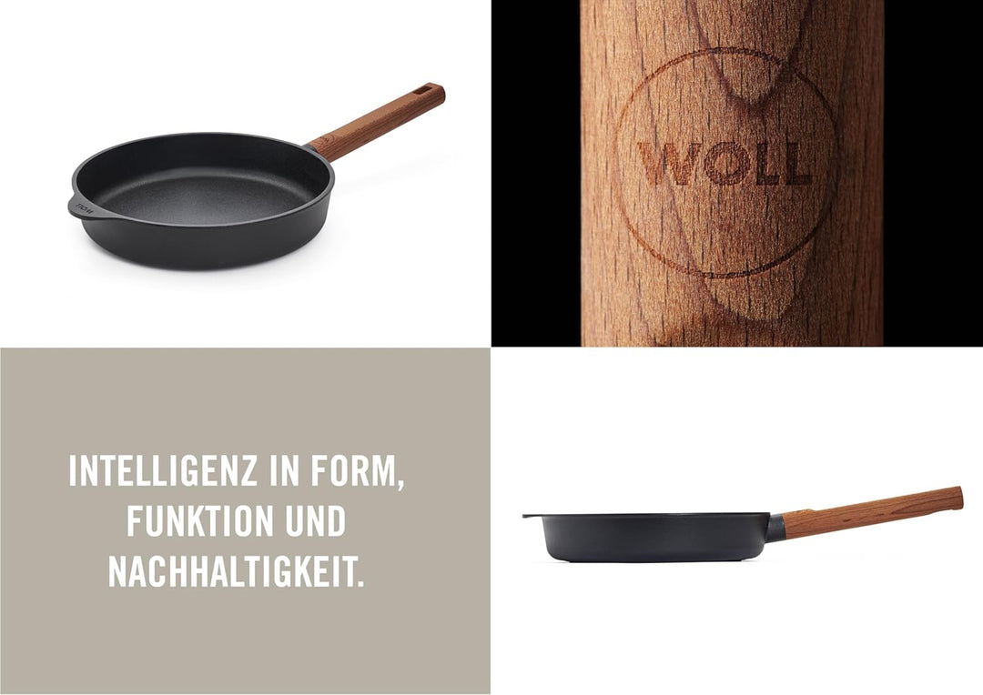 Woll Eco Logic QXR Guss-Flachpfanne - Induktiv -, Ø 24 cm, 5 cm hoch, mit festem nachhaltigem Holzst