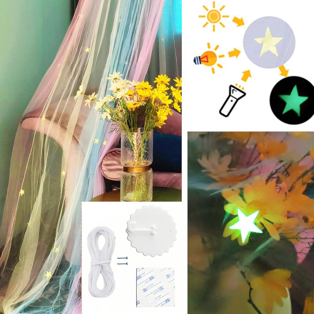 Eimilaly Prinzessin Regenbogen Betthimmel mit Sternen leuchten in der Dunkelheit, Betthimmel für Mäd