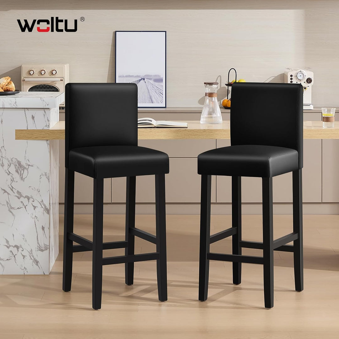 WOLTU Barhocker 2er Set, mit Lehne, Massivholz+Kunstleder, Schwarz | Barstuhl mit Fussstütze, Bistro
