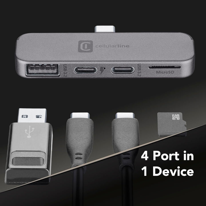 Cellularline Smartphone HUB – USB-C-Adapter mit 4 Anschlüssen (USB, 2X USB-C, Micro SD), Kompatibel