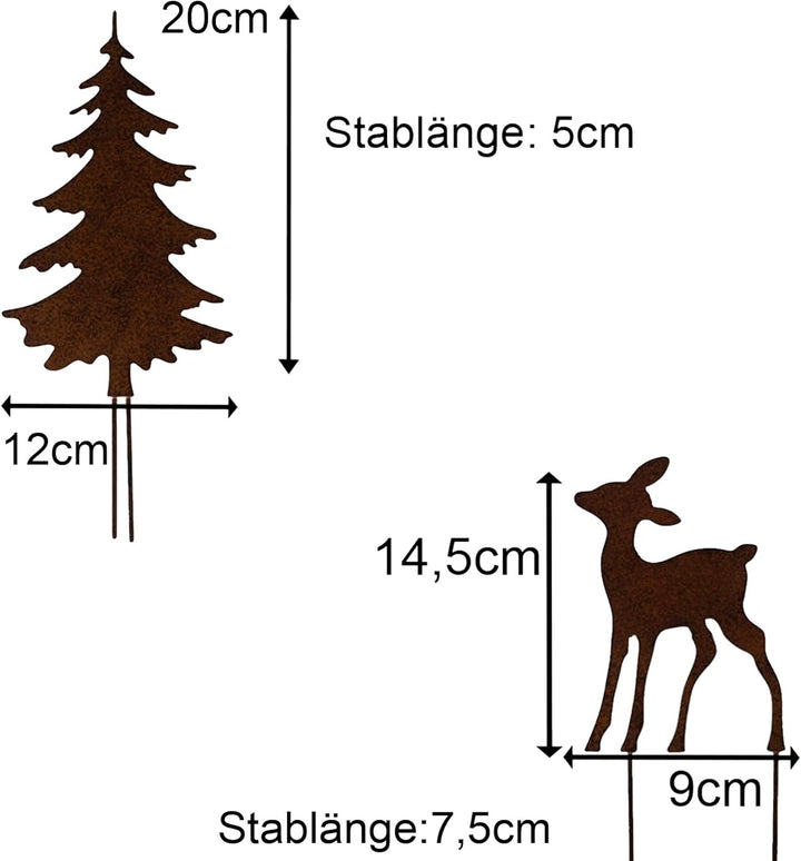 Gartenstecker Deko Rehe und Hirsche mit 2 Tannen in Rostpotik 5er Set - Weihnachtsdeko zum Basteln -