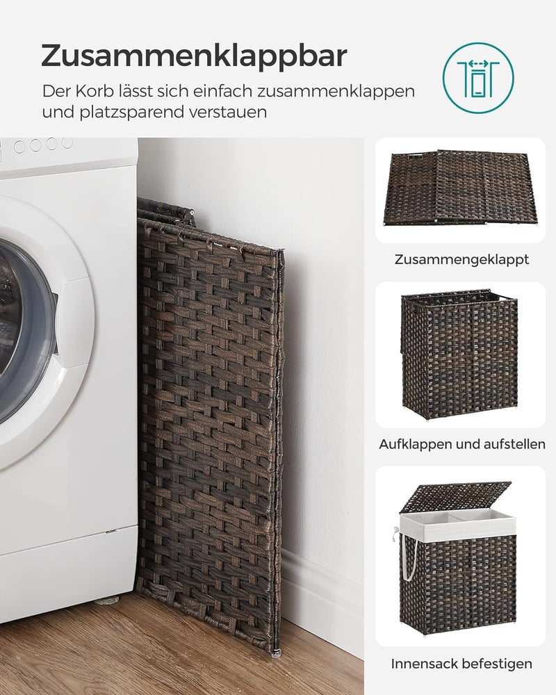 SONGMICS Wäschekorb handgeflochten, 110L Wäschesammler aus synthetischem Rattan, mit Deckel und Grif