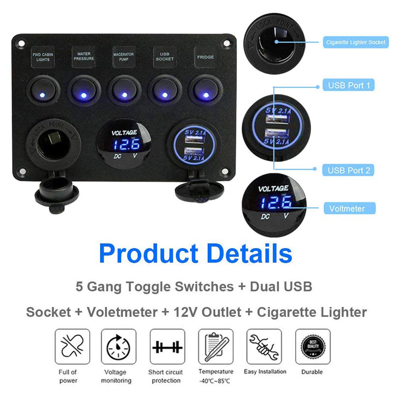 5 Gang Schalter Panel, 12V/24V Kippschalter Panel IP65 Wasserdichte LED Voltmeter Dual USB Buchse La