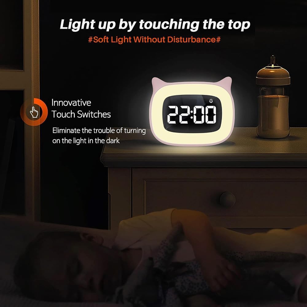 Kinderwecker Digital, Wecker mit Licht, 18 Musik Klingeltöne, 5 Helligkeitsmodi, 12/24 Stunden, USB-