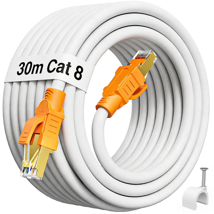 Cat 8 Netzwerkkabel 30m, LAN Kabel 30 Meter Weiss Wlan Kabel 40Gbps 2000MHz Internetkabel Outdoor Et