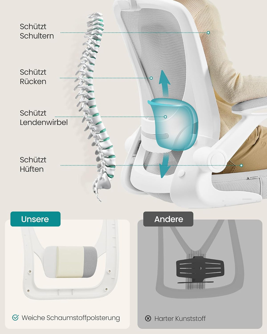 SONGMICS Bürostuhl ergonomisch, Drehstuhl mit Mesh, Lenden- und Kopfstütze, Wippfunktion, 53 cm gros