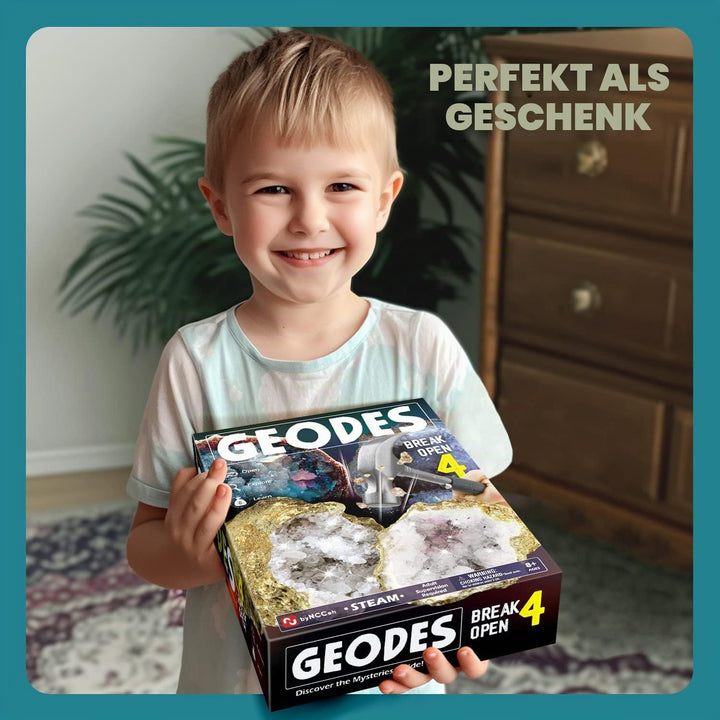 Byncceh Geoden zum Aufbrechen – 4 aufbrechbare Geoden mit Schutzbrille, Lernhandbuch, Lupe &amp; Aufbewa