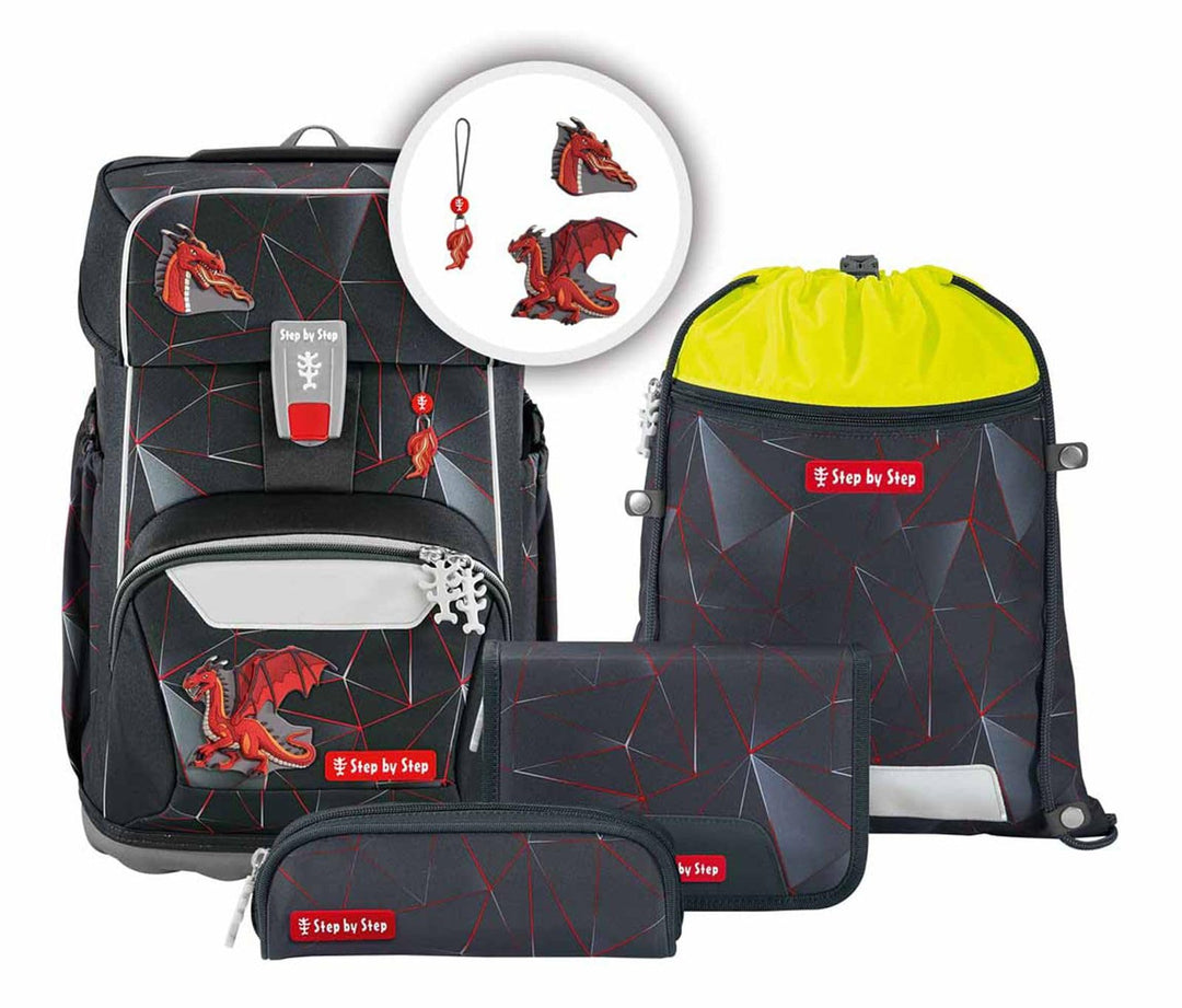 Step by Step Giant Schulranzen-Set „Dragon Drako“, 5-teilig, rot, ergonomischer Tornister mit Reflek
