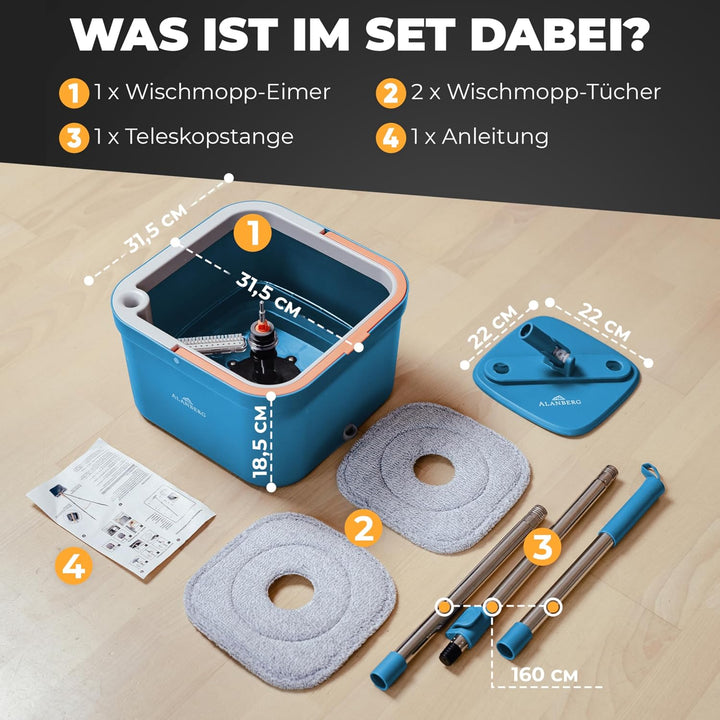 ALANBERG Wischmopp Set mit Eimer, Flacher Bodenwischer, 2 Kammern, Blau Wischmopp Set - Blau, Wischm