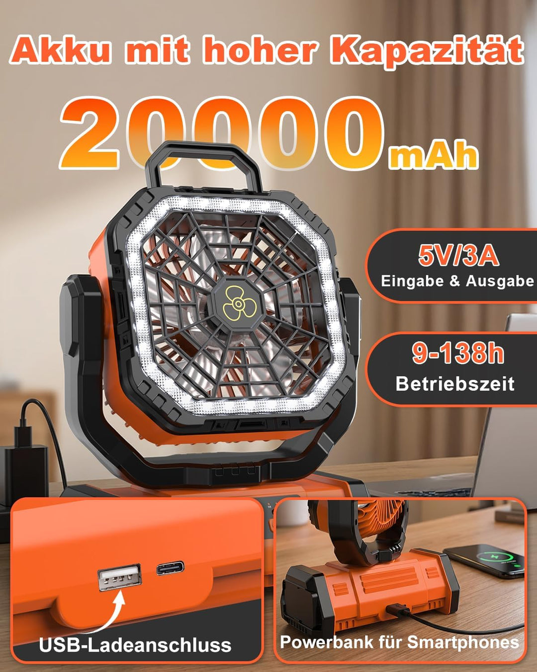 Camping Ventilator, [20000 mAh] Spopal Wiederaufladbarer Tragbarer Ventilator, 1/2/4/8-Timer, mit Fe