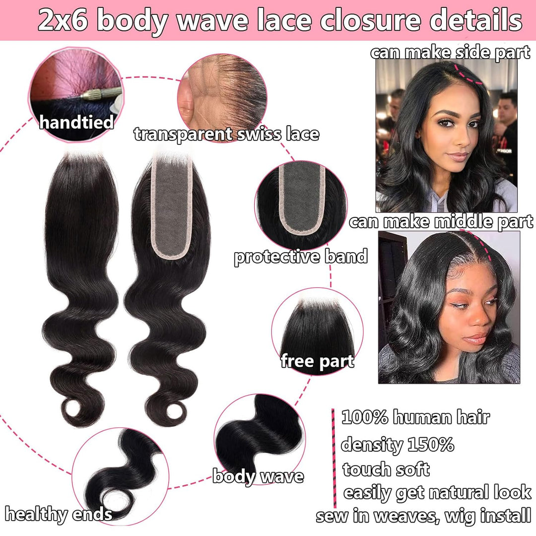 Huarisi 2x6 Closure Human Hair 12 Inch Brazilian Virgin Body Wave Free Part Closure with Baby Hair S