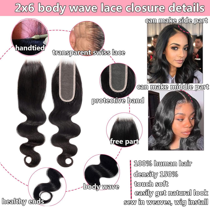 Huarisi 2x6 Closure Human Hair 12 Inch Brazilian Virgin Body Wave Free Part Closure with Baby Hair S
