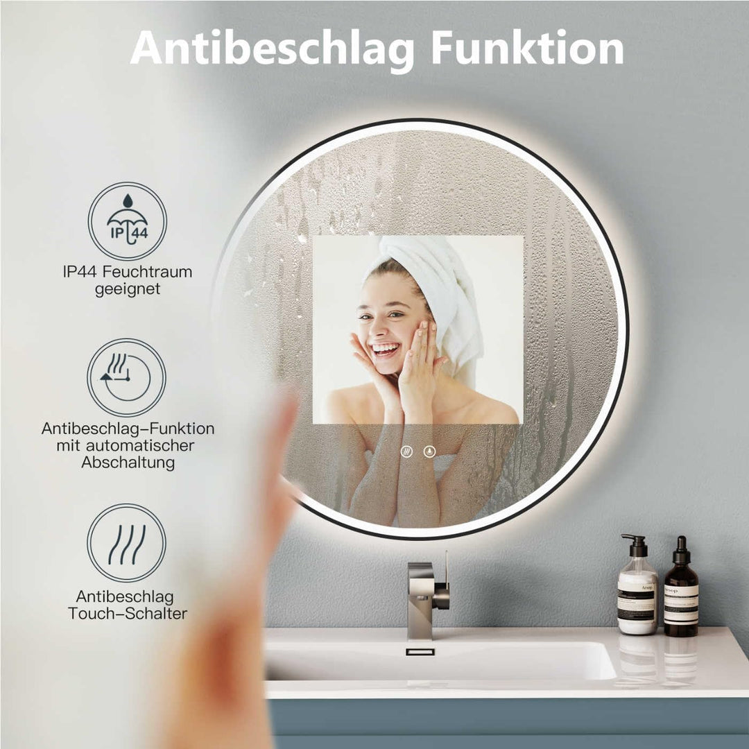 HOKO Design ANTIBESCHLAG Badspiegel rund 60 cm mit Metall Rahmen Matt Schwarz. Runder Bad Wandspiege