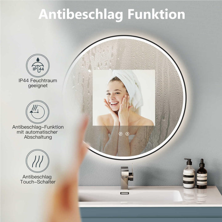 HOKO Design ANTIBESCHLAG Badspiegel rund 60 cm mit Metall Rahmen Matt Schwarz. Runder Bad Wandspiege