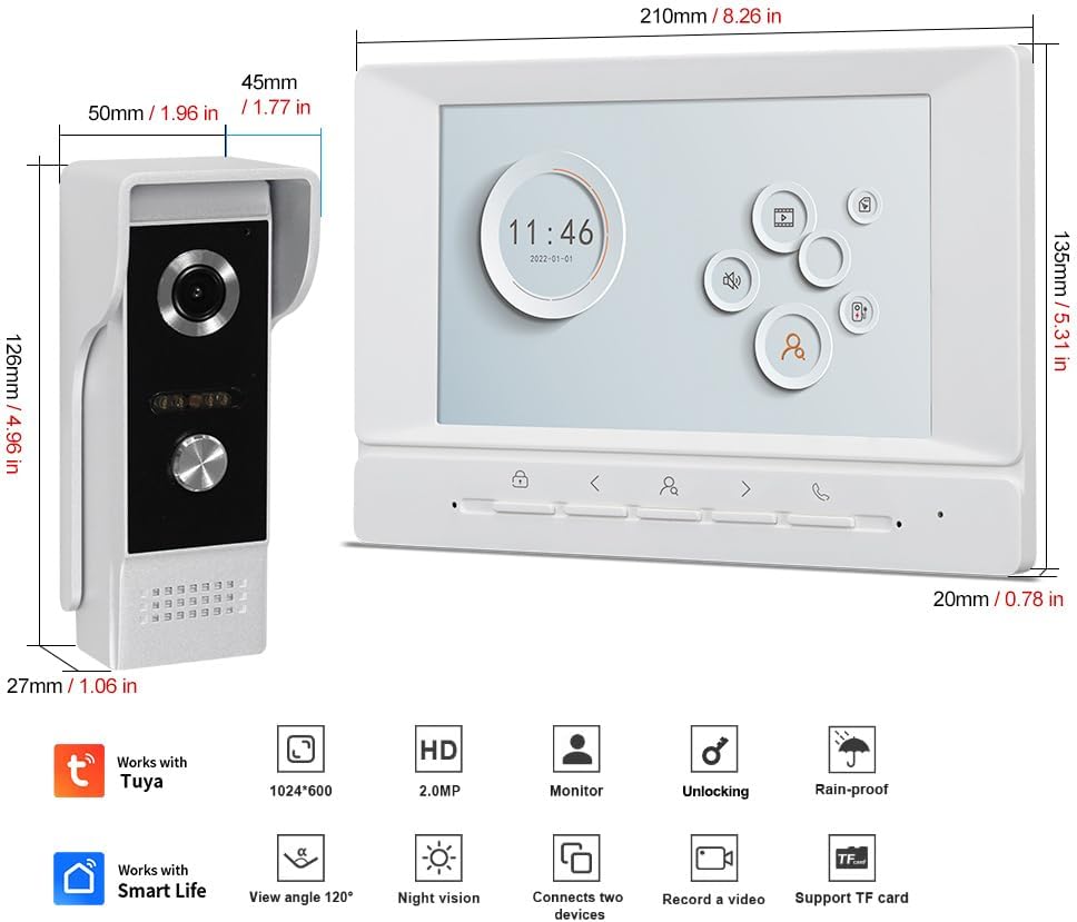 WLAN Video Türtelefon Intercom System 1080P HD Kamera Video Türglocke mit 2 Monitoren 7 Zoll Farbbil