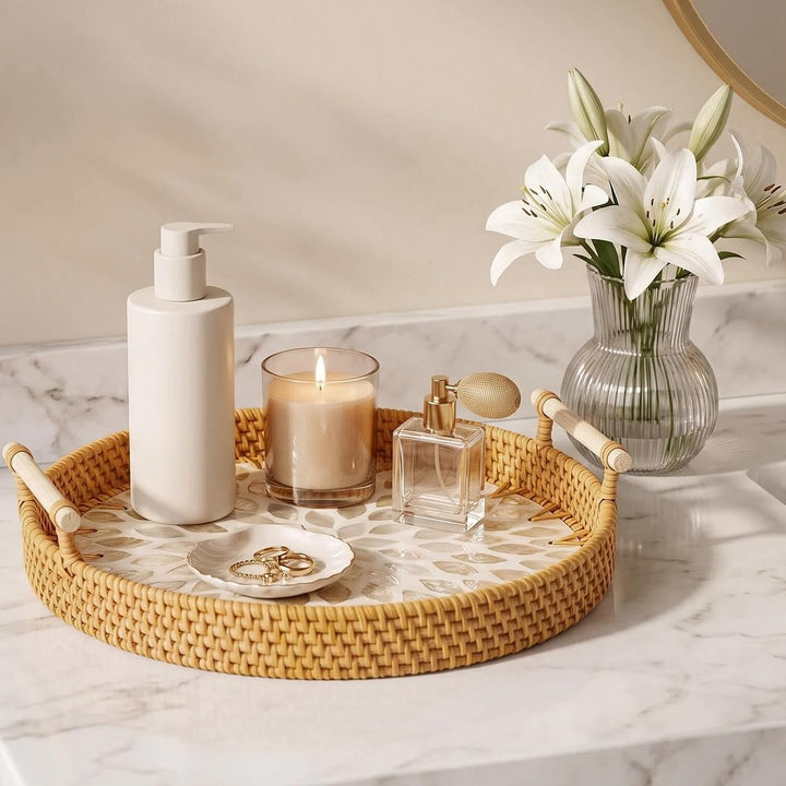 Rattan Serviertablett mit Griffen, Handgewebtes Wicker-Tablett Dekotablett Rund Aufbewahrungsplatten
