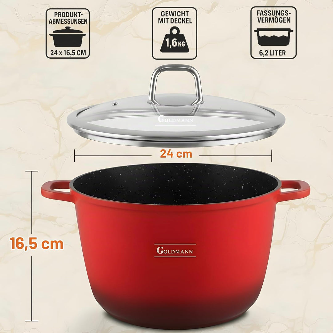 GOLDMANN Modern Rot 24 CM (6.2L) Aluguss-Kochtopf/Suppentopf mit Glasdeckel, Marmor-Keramik-Antihaft