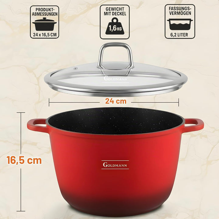 GOLDMANN Modern Rot 24 CM (6.2L) Aluguss-Kochtopf/Suppentopf mit Glasdeckel, Marmor-Keramik-Antihaft