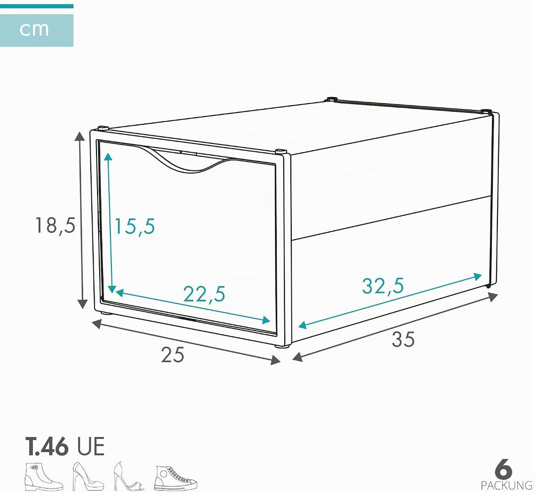 AKTIVE Max Home Schuhkartons aus Kunststoff, 6er-Set Aufbewahrungsboxen, 25 x 35 x 18,5 cm, stapelba