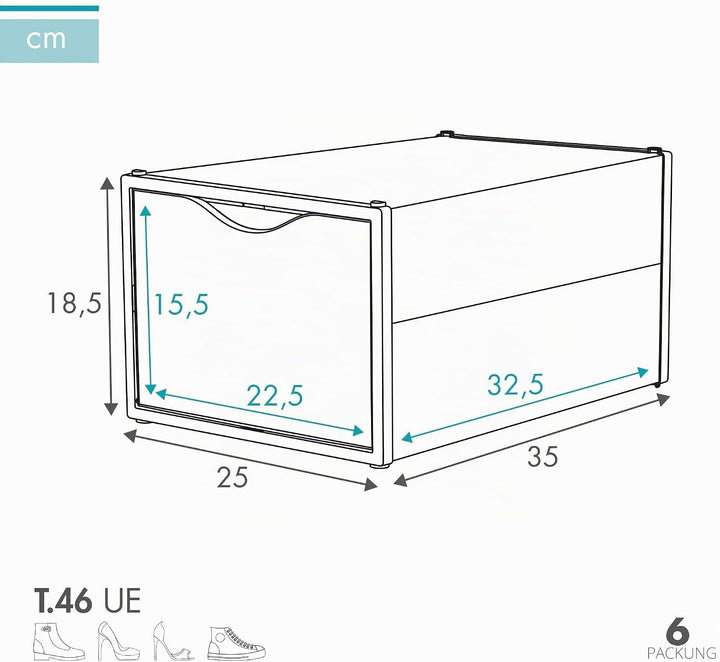 AKTIVE Max Home Schuhkartons aus Kunststoff, 6er-Set Aufbewahrungsboxen, 25 x 35 x 18,5 cm, stapelba