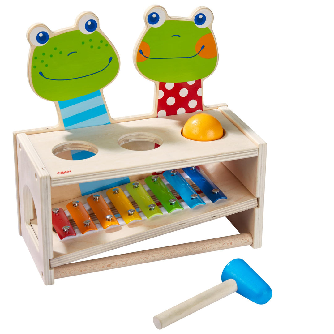 HABA 304271 - Klang-Klopfbank Froschkonzert, Klopfbank und Metallophon mit Kugel und Schlägel, Spiel