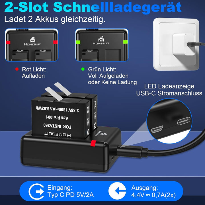 Homesuit Insta 360 Ace Ersatz Akku 1800mAh 2 Stück und USB Ladegerät kompatibel mit Insta360 Ace Pro