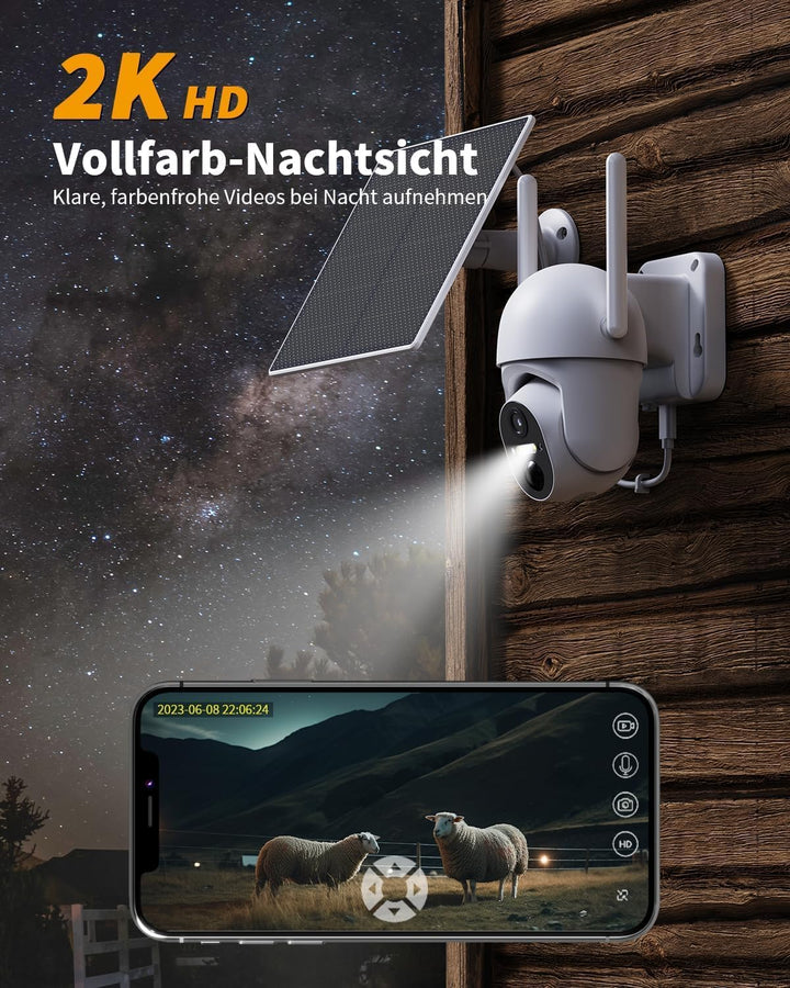 4G LTE Überwachungskamera Aussen Akku mit SIM Karte, 2K Kabellos Solar PTZ Kamera Ohne WLAN Outdoor,