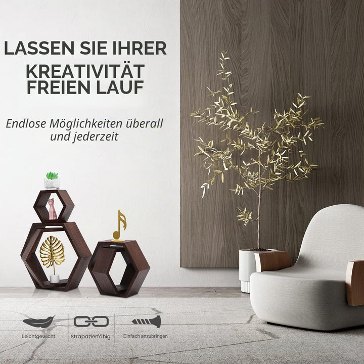 PHOENANCEE Hexagon Wandregal, Wohnzimmer Deko Wand, Holz Hängeregal für Schlafzimmer, 5er-Set(Dunkle