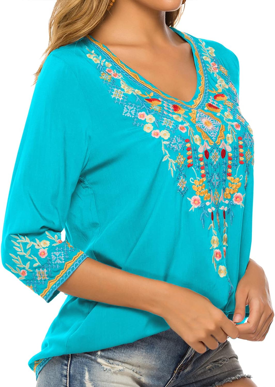 Vakakado Hippie Kleidung Damen Bohemian Folklore Stickerei Bluse 3/4 äRmel V Ausschnitt Tunika Somme