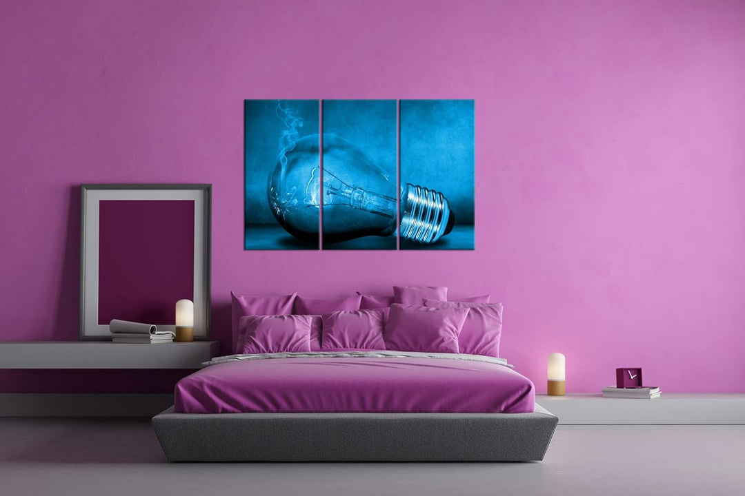 deyoli leuchtende Glühbirne Format 120x80 3Teilig Effekt: Monocrome Blau als Leinwandbild, Motiv fer