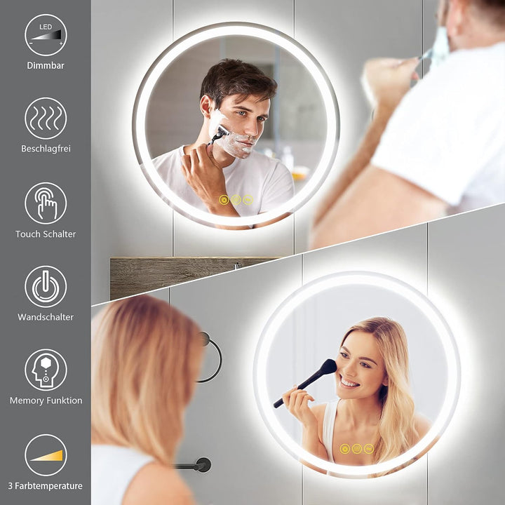 AI-LIGHTING Badspiegel Rund mit Beleuchtung 50 cm Led Badezimmerspiegel mit Beleuchtung Antibeschlag