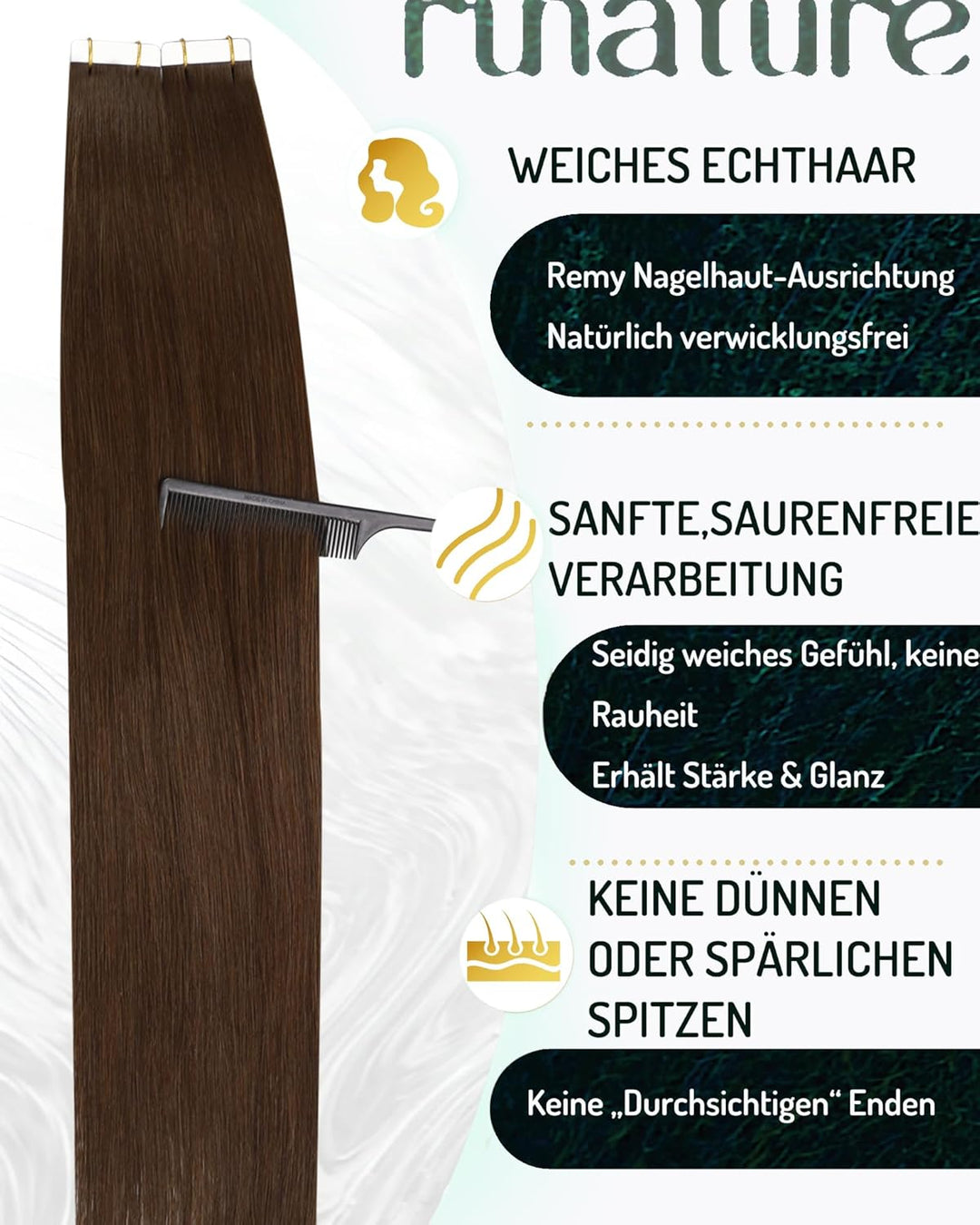 RUNATURE Tape Extensions Echthaar Braun Haarverlangerung 30cm 12 Zoll Skin Weft Tape in Echthaar Ext