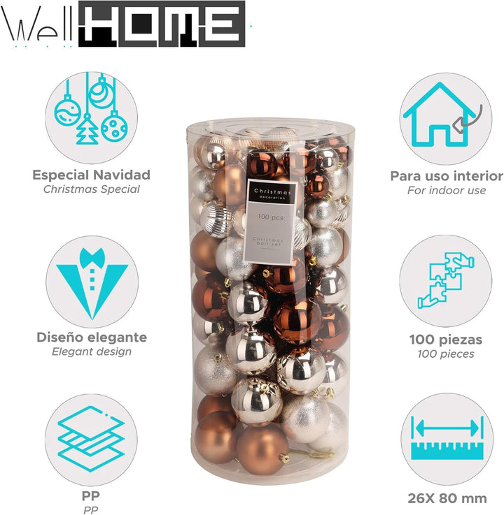 Well Home Christbaumkugel-Set, Bernstein, in PET-Röhre, 100 Stück, Verschiedene Designs und Ausführu