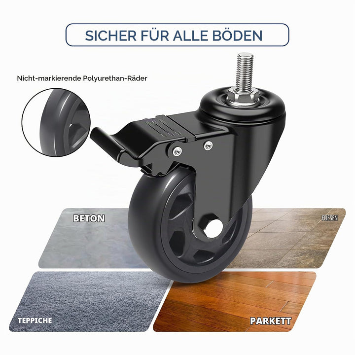 IQWTU Lenkrollen 125MM mit Bremse, 4 Stück Möbelrollen mit M10 x 1,5 x 30mm Schraube, Schwerlastroll