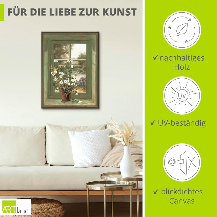 Artland Leinwandbild Wandbild Bild auf Leinwand 60x80 cm Wanddeko Fensterblick Fenster Natur Landsch