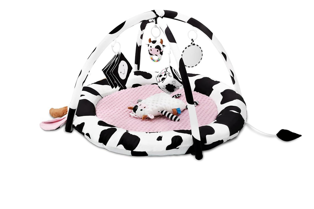 Rosa Kuh Spielbogen Baby, Spieldecke Baby mit 6 Sensorischen Spielzeugen Abnehmbarem, Extra dicke We